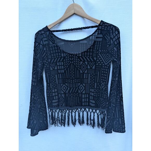 Monteau Womens bell sleeve velvet top S black geometric tassels boho Whimsigoth - Picture 5 of 7